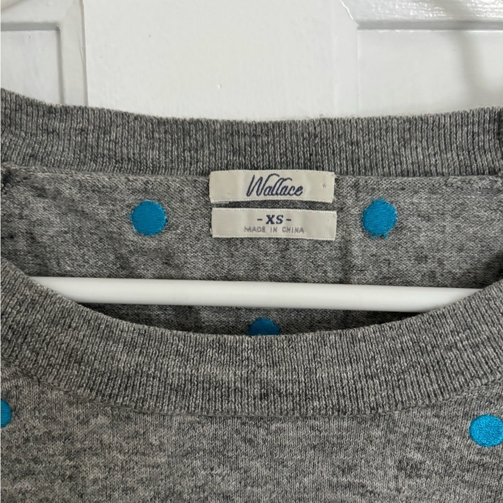 NWOT Wallace | Madewell Gray Polka Dot Knit Sweater Blue Dots Raglan Sleeve XS - Picture 2 of 2